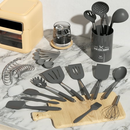 Silicone Cooking Utensil Set, 30 Pcs Kitchen Utensils Cooking Utensils Set, Food Grade Silicone Spatula Set, Non-stick Heat Resistant Silicone Cookware with Strong Stainless Steel Handle, Gray, Gray