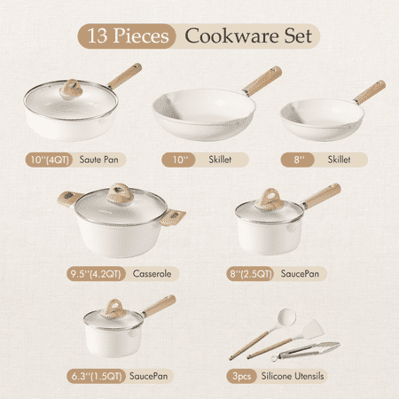 Carote Nonstick Pots and Pans Set,13pcs Induction Kitchen Cookware Sets White Granite, White