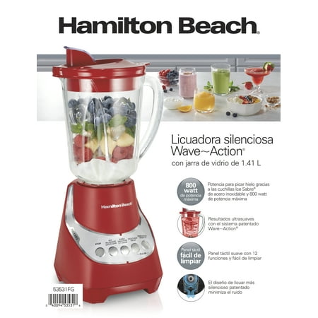 Hamilton Beach Wave Action Quiet Blender, 48 oz. Glass Jar, 12 Blending Functions, Red, 53531F