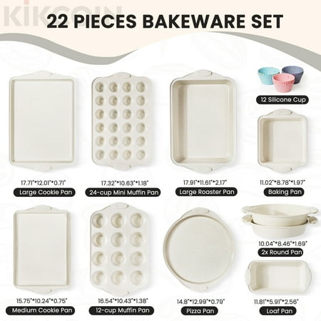 Kikcoin Bakeware Set, 22-Piece Baking Pans Set Kitchen Carbon Steel Baking Sheet Pans with Silicone Handles, Cookie Sheets Nonstick(Beige), Beige