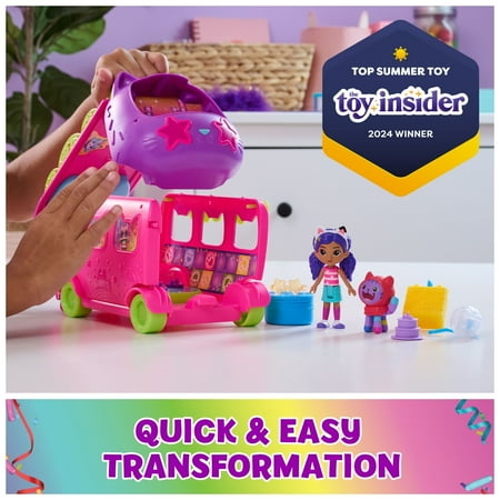 Gabby?s Dollhouse, Celebration Party Bus Transforming Vehicle Playset with Gabby & DJ Catnip Toy Figures