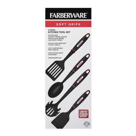 Farberware Soft Grips Set-4 Slotted Turner, Turner, Basting Spoon, and Pasta Server, Black