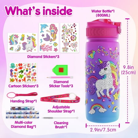 Mocoosy Decorate Your Own Water Bottle Kits for Girls, Unicorn Mermaid Diamond Art Painting Crafts, Kids Personalized Water Bottle for School, Birthday Christmas Gift Toys for Girls Ages 4 6 8 10 12