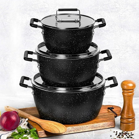 Granitestone Stackable Nonstick Pots 6 Piece Nesting Kitchen Cookware Set Cooking Pots 1.5 Qt 3.5 Qt 5 Qt Black, Black
