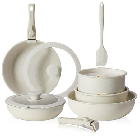 edx 12pcs Non-Stick Cookware Set, Pots and Pans Set with Detachable Handle for KitchenBeige,