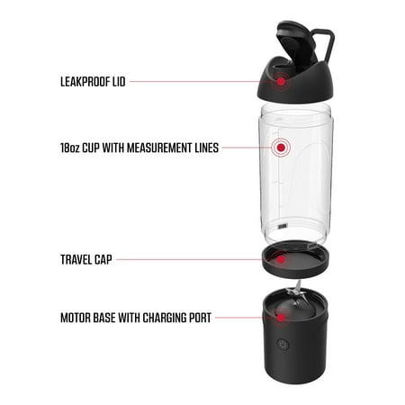 FitRx Rocket Electric Smoothie Blender Bottle, Rechargeable Portable Personal Blender, 18oz., Black