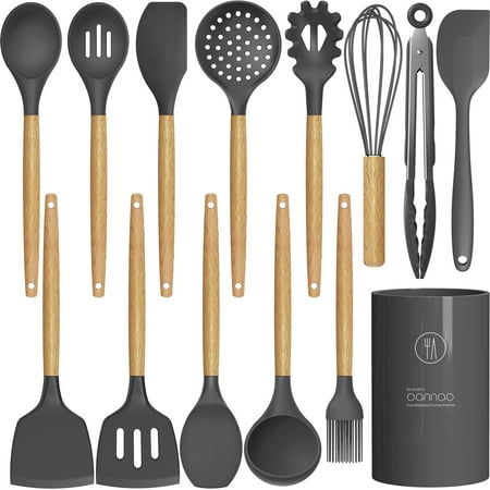 oannao Silicone Cooking Utensils Set - 446?F Heat Resistant Silicone Kitchen Utensils for Cooking,Kitchen Utensil Spatula Set w Wooden Handles,Holder, BPA FREE Gadgets for Non-Stick Cookware (Grey), Gray