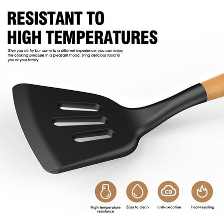 Silicone Cooking Utensils Set - Silicone Kitchen Utensils for Cooking Wooden Handles, 446?F Heat Resistant Kitchen Utensil Spatula Sets w Holder, Gadgets for Non-Stick Cookware BPA FREE (Black)