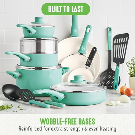 GreenLife 18-Piece Soft Grip Toxin-Free Healthy Ceramic Non-Stick Cookware Set, Turquoise, Dishwasher Safe