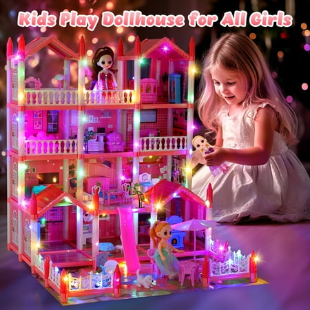 JoyStone Play Dollhouse with Doll Toy Figures, 14 Rooms Furniture and Colorful Lights, Creative Doll House Gift for Girls Ages 3+, Assemble Required, Pink, Pink