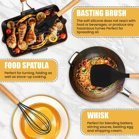 Kitchen Utensils Set- 19 Pcs Silicone Cooking Utensils Set for Nonstick Cookware-Silicone Spatulas Set, Kitchen Gadgets Tools, Pots and Pans Accessories-(Black 19 PCS Set)