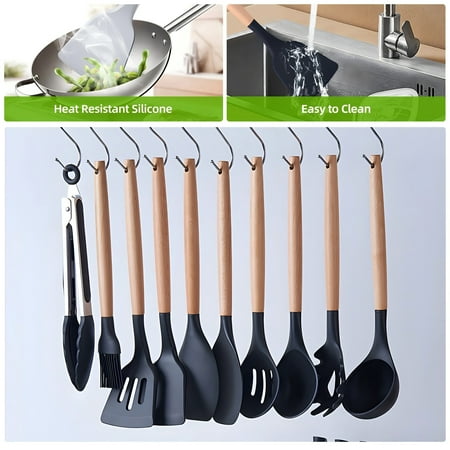 Kitchen Utensils Set- 19 Pcs Silicone Cooking Utensils Set for Nonstick Cookware-Silicone Spatulas Set, Kitchen Gadgets Tools, Pots and Pans Accessories-(Black 19 PCS Set)