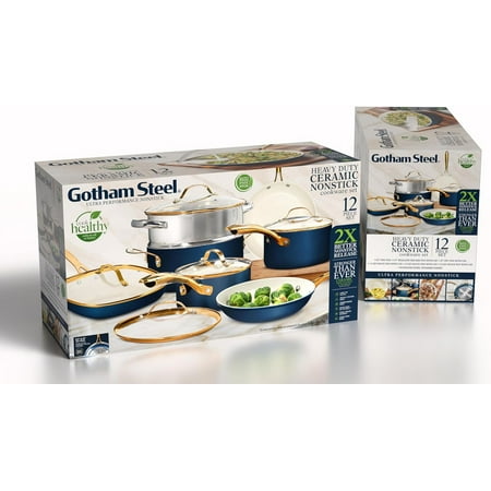 Gotham Steel 12 Piece Pots and Pans Nonstick Set Ceramic Cookware Kitchen Set, With Frying Skillet, Saucepan | Navy Cream