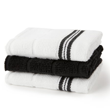 Mainstays Kitchen Towel, Dishcloth, Oven Mitt, and Pot Holder 8 Pack Set, Black, 100% Cotton, Black