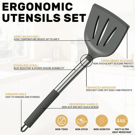 Silicone Cooking Utensil Set, 30 Pcs Kitchen Utensils Cooking Utensils Set, Food Grade Silicone Spatula Set, Non-stick Heat Resistant Silicone Cookware with Strong Stainless Steel Handle, Gray, Gray