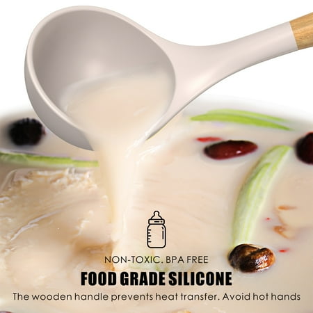 oannao Silicone Cooking Utensils Set - 446?F Heat Resistant Silicone Kitchen Utensils for Cooking,Kitchen Utensil Spatula Set w Wooden Handles,Holder, BPA FREE Gadgets for Non-Stick Cookware (Khaki), Beige
