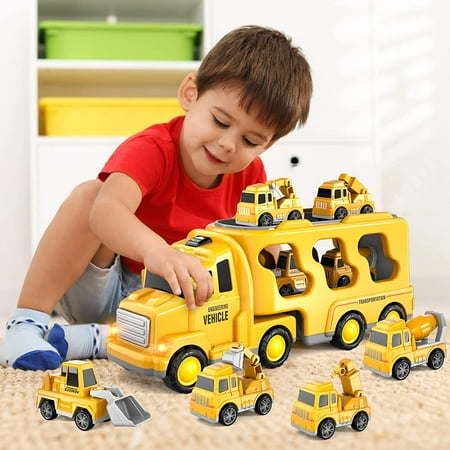 PayUSD Construction Toddler Truck Toys for 3 4 5 6 Year Old Boys 5-in-1 Friction Power Vehicle Car Toy for Toddlers 1-3 Carrier Truck Toys for Kids 3-5 Christmas Birthday Gifts for Girls Age 3-9