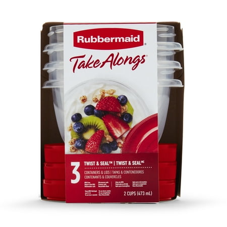 Rubbermaid TakeAlongs Twist & Seal 2.1 Cup Food Storage Containers, Red, 3 Pack