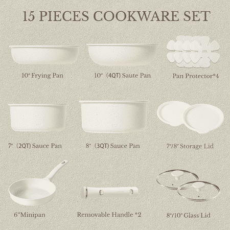 Carote Nonstick Cookware Sets, 15 Pcs Non Stick Pots and Pans Set with Removable Handle, White, White