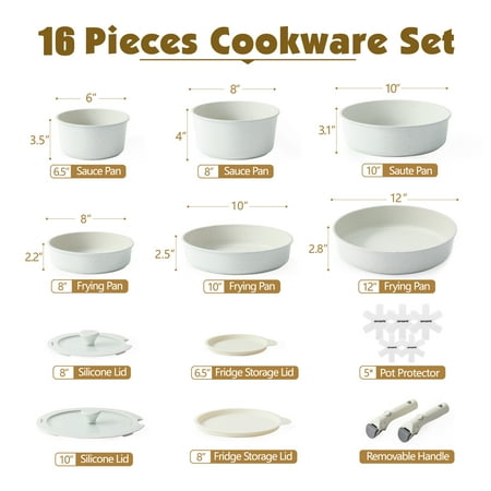 SENSARTE Nonstick Cookware Sets with Detachable Handles, 17pcs Granite Pots and Pans Set, Induction Kitchen Cookware Sets Stackable Non Stick, PFOA Free RV Cookware, White