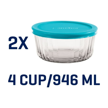 Anchor Hocking Sculpted Glass Food Storage Container with Lids, 4 Cup Round, Set of 2