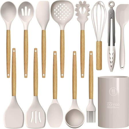 oannao Silicone Cooking Utensils Set - 446?F Heat Resistant Silicone Kitchen Utensils for Cooking,Kitchen Utensil Spatula Set w Wooden Handles,Holder, BPA FREE Gadgets for Non-Stick Cookware (Khaki), Beige
