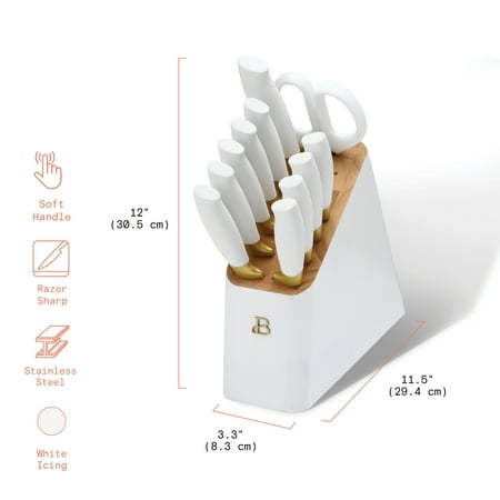 Beautiful 12 Piece Stainless Steel Knife Block Set, Soft-Grip Handles White Icing by Drew Barrymore, White