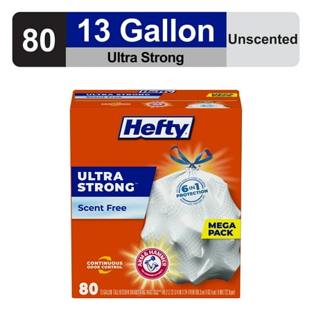 Hefty Ultra Strong 13 gallon Trash Bags, Tall Kitchen Trash Bags, White, Unscented, 80 Bags