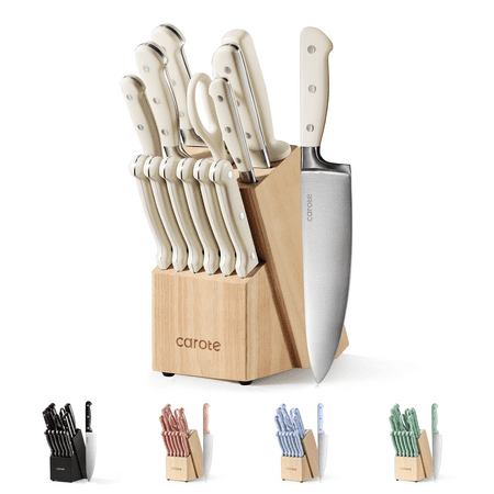 Carote 14 Pcs Knife Set with Wooden Block Stainless Steel Knives with Ergonomic Handle, Forged, White
