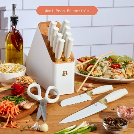 Beautiful 12 Piece Stainless Steel Knife Block Set, Soft-Grip Handles White Icing by Drew Barrymore, White