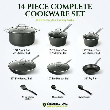 Granitestone 14 Piece Pots and Pans Set Nonstick Cookware Kitchen Set Cooking Stock Pot Frying Skillet Sauce Pan Lids