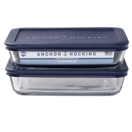 Anchor Hocking Glass Food Storage Containers with Lids, 3 Cup Rectangular, Set of 2