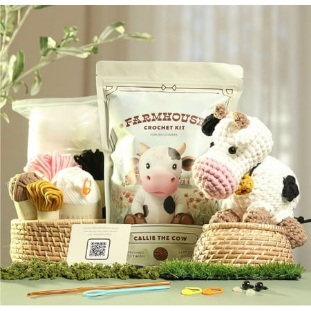 CraftBud Beginner Crochet Kit with Accessories, Amigurumi Stuffed Animal Kit with Step-by-Step Video Tutorials, Arts & Crafts for Kids and Adults, Callie The Cow