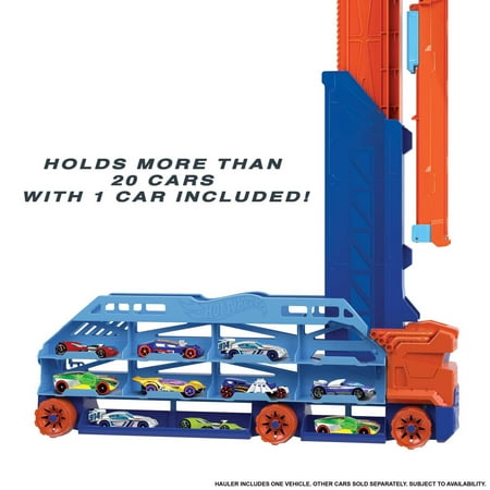 Hot Wheels City Speed Drop Transport Hauler with 1 Toy Car, Stores 20+ 1:64 Scale Vehicles