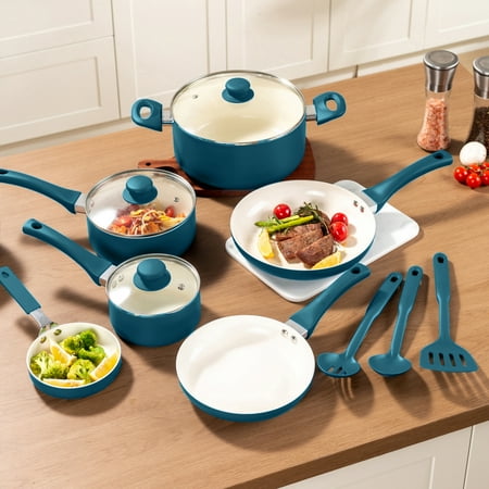 Mainstays 12 Piece Ceramic Nonstick Aluminum Pots and Pans Cookware Set, Blue, Blue