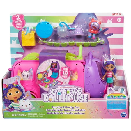 Gabby?s Dollhouse, Celebration Party Bus Transforming Vehicle Playset with Gabby & DJ Catnip Toy Figures