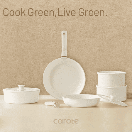 Carote Ceramic Cookware Set, Non Toxic Detachable Pots and Pans, 13 Pcs Induction Cookware, Cream