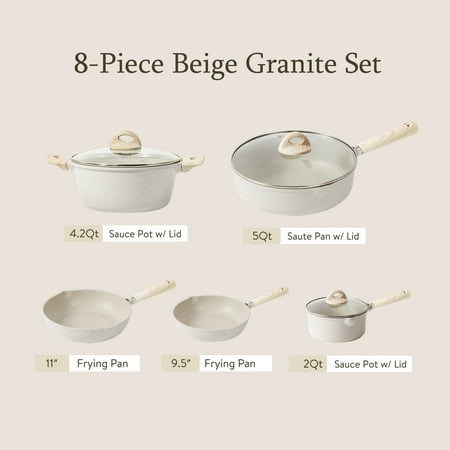 Carote Nonstick Pots and Pans Set, Induction Kitchen Cookware Sets Non Stick, 8 Pcs Beige Granite