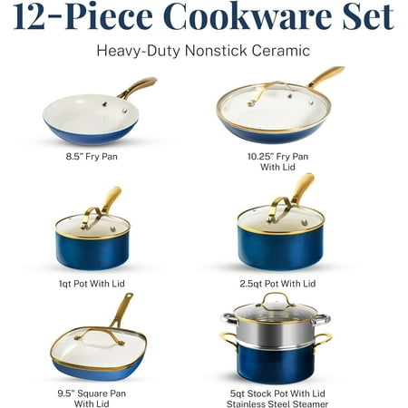 Gotham Steel 12 Piece Pots and Pans Nonstick Set Ceramic Cookware Kitchen Set, With Frying Skillet, Saucepan | Navy Cream