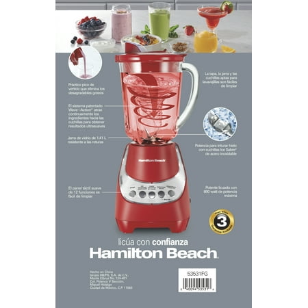 Hamilton Beach Wave Action Quiet Blender, 48 oz. Glass Jar, 12 Blending Functions, Red, 53531F