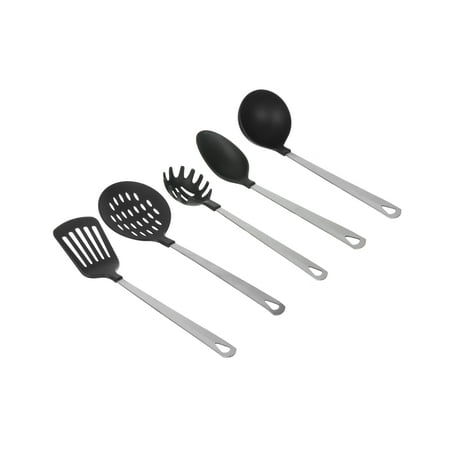Mainstays Stainless Steel and Nylon Cooking Tool Set, Spoon, Spatula, Ladle, Pasta Spoon and Skimmer Assorted Colors