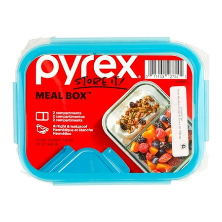 Pyrex MealBox 4-cup Divided Glass Food Storage Container with Turquoise Lid, 3.4 cup