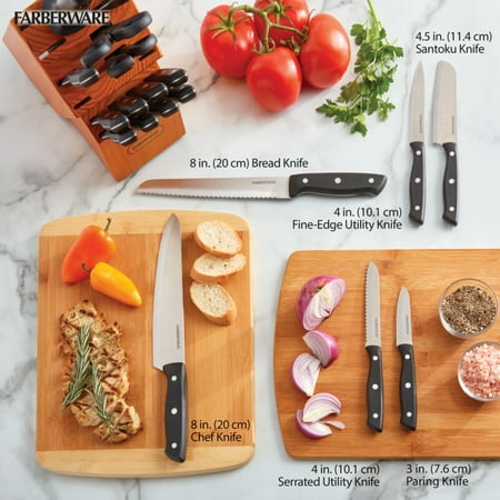 Farberware Stamped 20 Piece Triple Rivet Stainless Steel Kitchen Knife Set with Block Black