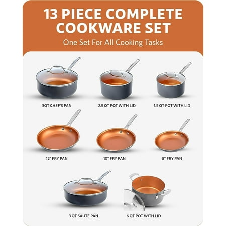 Gotham Steel Pro Nonstick Pots and Pans 13 Piece Set Ceramic Cookware Kitchen Set, with Frying Skillet, Hard Anodized, Gray