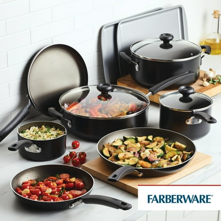 Farberware Easy Clean 22 Piece Nonstick Aluminum Pot and Pan Set, Black, Black