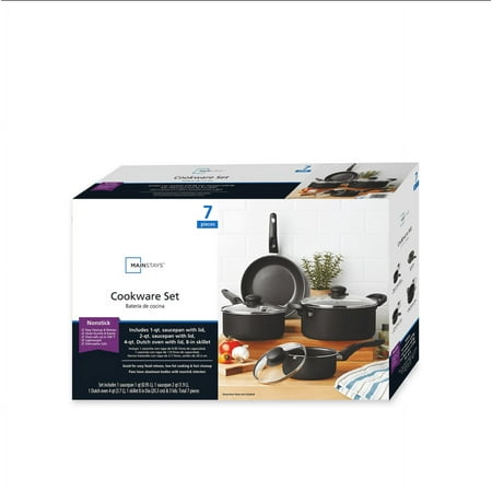Mainstays 7 Piece Non Stick Aluminium, Pots and Pans Cookware Set, Black