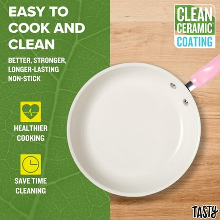 Tasty Clean Ceramic 16 Piece Non-Stick Aluminum Cookware Set, Pink