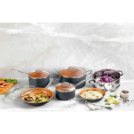 Gotham Steel Nonstick Pots and Pans 12 Piece Set Ceramic Cookware Kitchen Set, With Frying Skillet, Saucepan, Lids | Gray