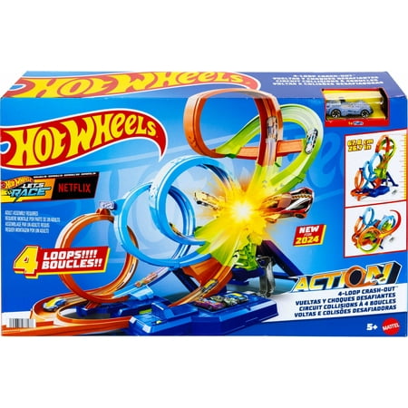 Hot Wheels Action 4-Loop Crash Out Track Set with Motorized Booster & 1:64 Scale Toy Car