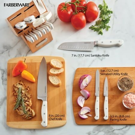 Farberware EdgeKeeper 14-Piece Forged Triple Rivet Kitchen Knife Set with Block White, White